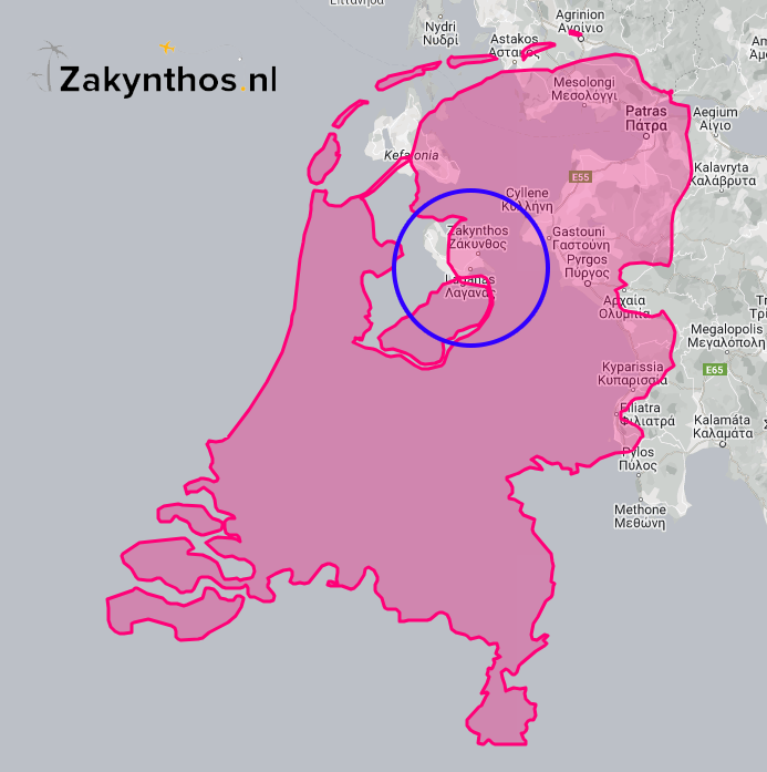 Op deze afbeelding zie je een print screen van The True Size met daarbij Nederland over Zakynthos (blauw omcirckeld).
